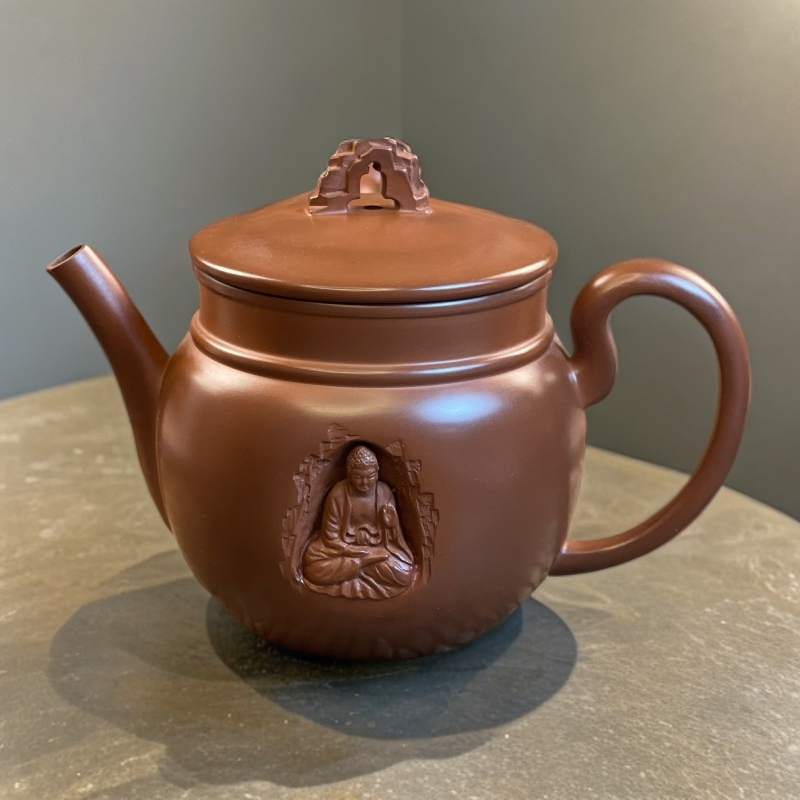 佛缘壶180cc内推球孔镶佛工艺坭兴陶手工制作四方壶红泥泡茶壶
