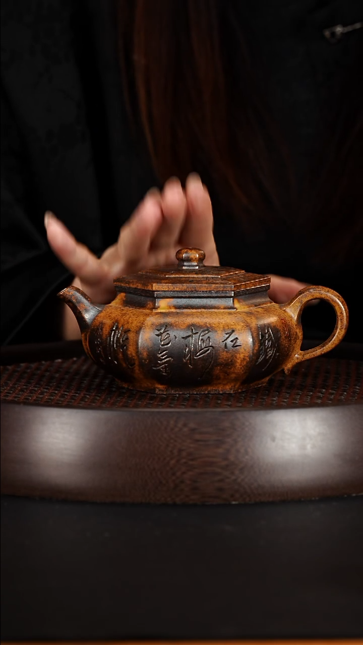 茶壶紫砂宜兴紫砂壶龙骨金砂柴烧大彬六方360cc