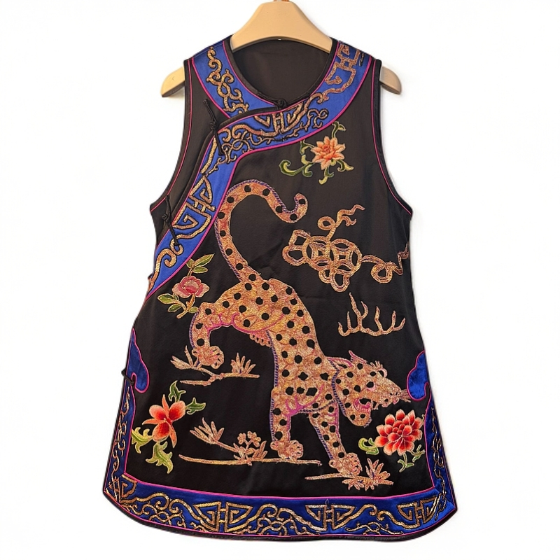新中式老民族风重工刺绣马夹金老虎牡丹无袖斜颈长马甲