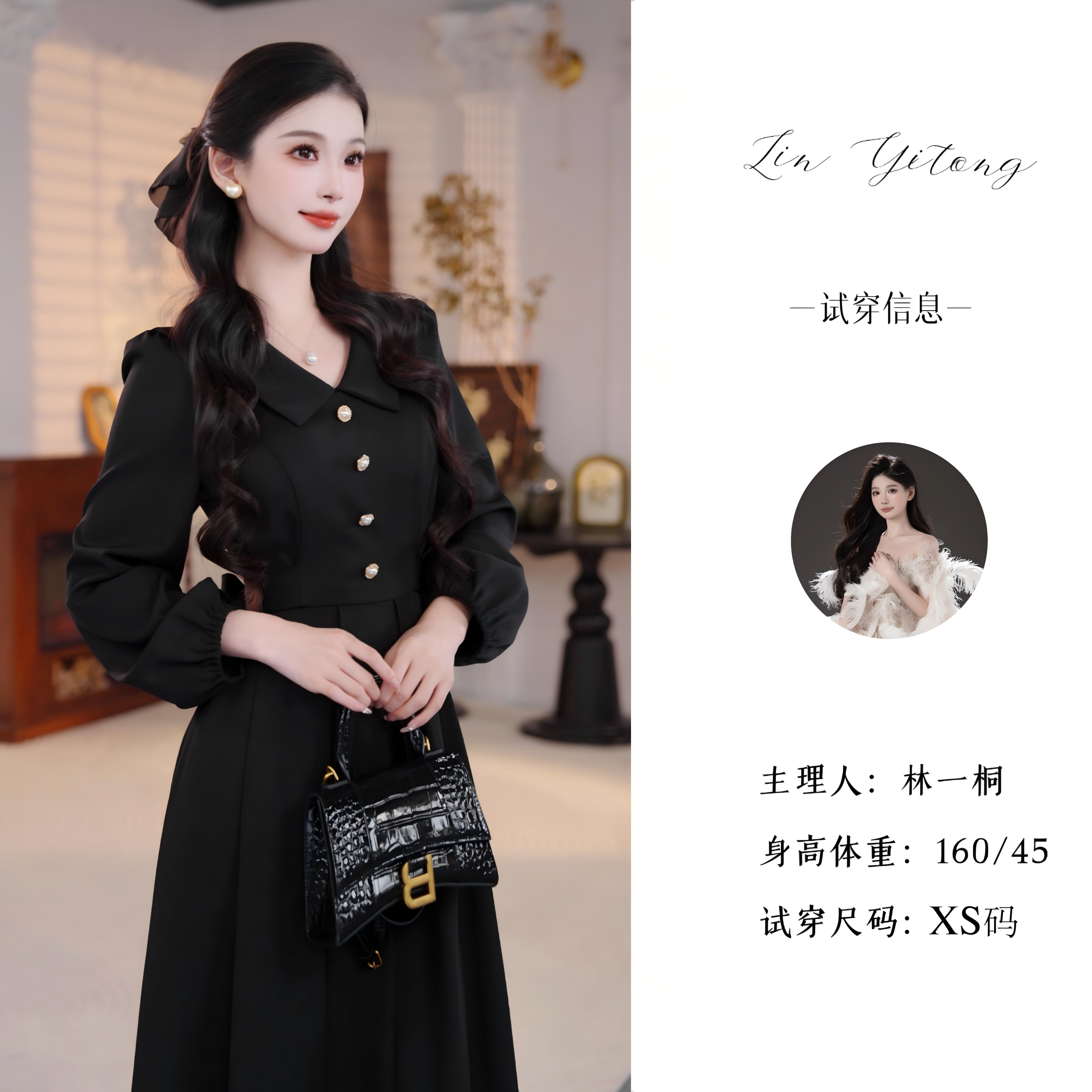 【一桐专属】【赫本美学】秋季新款泡泡袖v领黑色连衣裙T53LQC3069