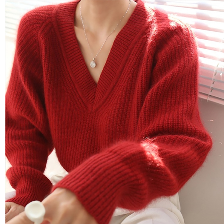 中国红新年战袍V领加厚重磅羊毛衫100%纯时尚针织秋冬羊绒毛衣