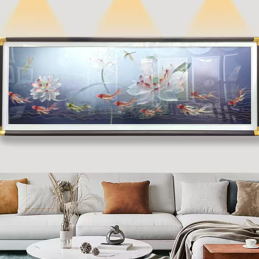 荷花九鱼图织锦绣沙发背景画