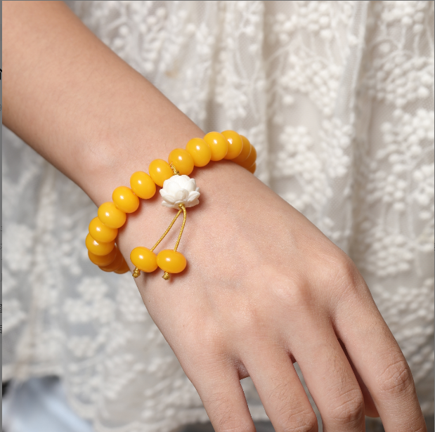 原生态菩提 鸡油黄算盘珠8*11mm双圈手串+莲花滴溜