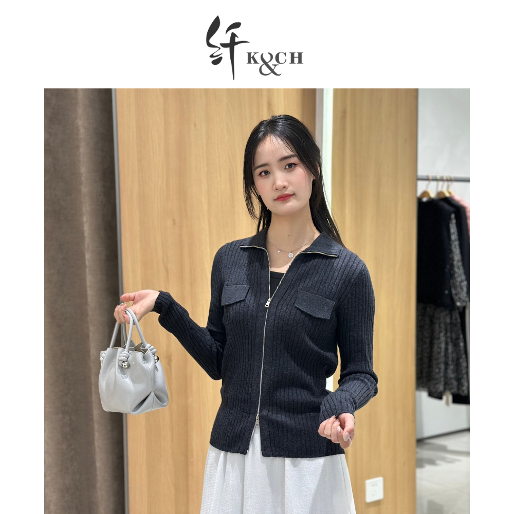 K&CH/纤毛针织衫开衫外套秋冬常规条纹短款POLO领翻领Z422EA617H1