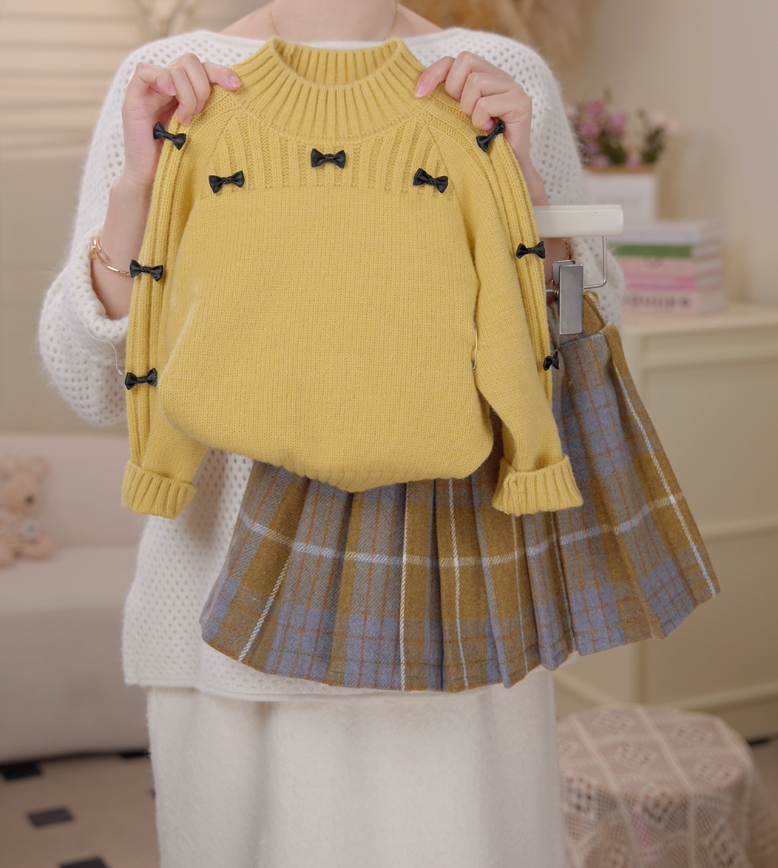 2025冬季新款韩版黄色套头蝴蝶结毛衣毛呢格子裙时尚洋气251229D