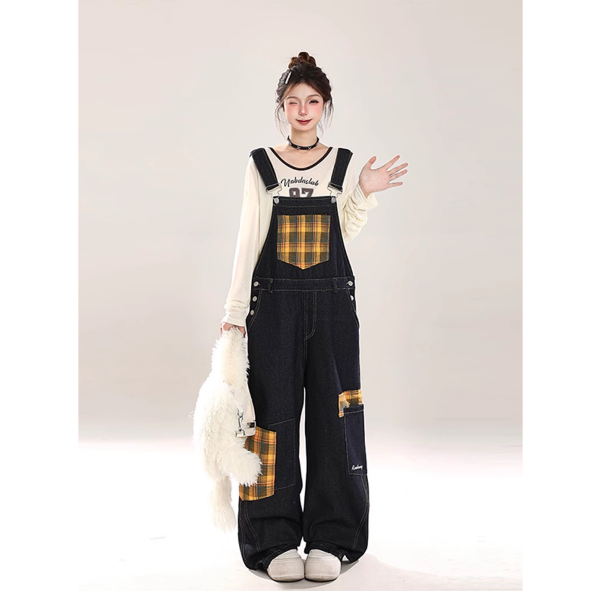 大码女装美式复古格子拼接牛仔背带裤胖mm设计感宽松休闲连体裤潮