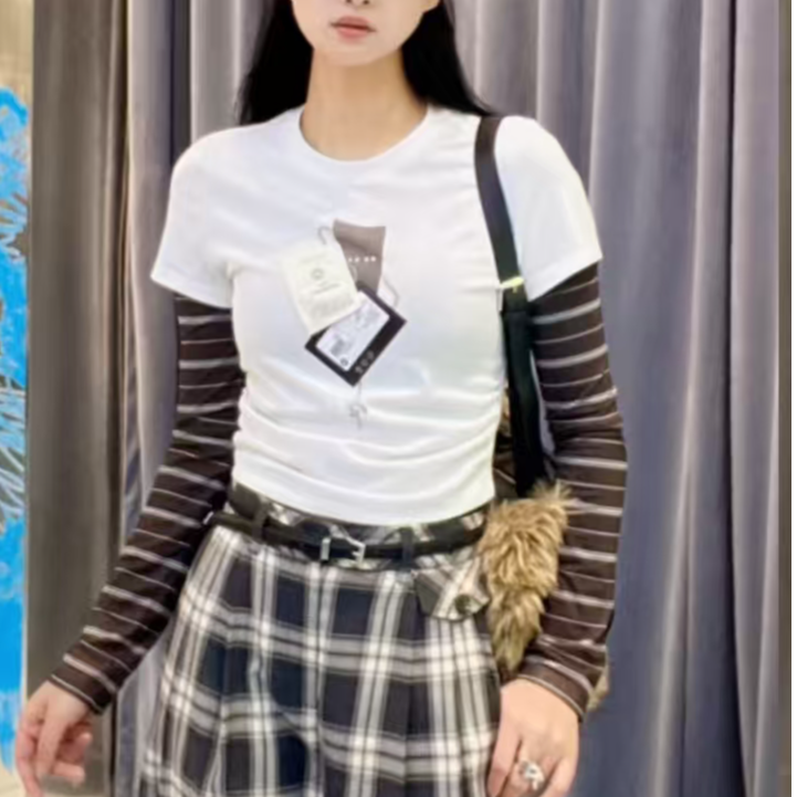 2026年春季新品假两件T恤长袖上衣女