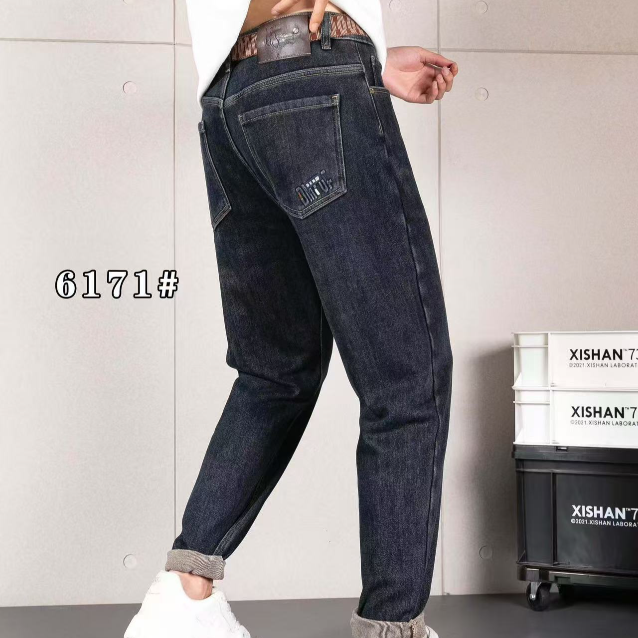 秋冬小直筒裤男装牛仔裤百搭深色水洗蓝抓绒加厚-款号6171