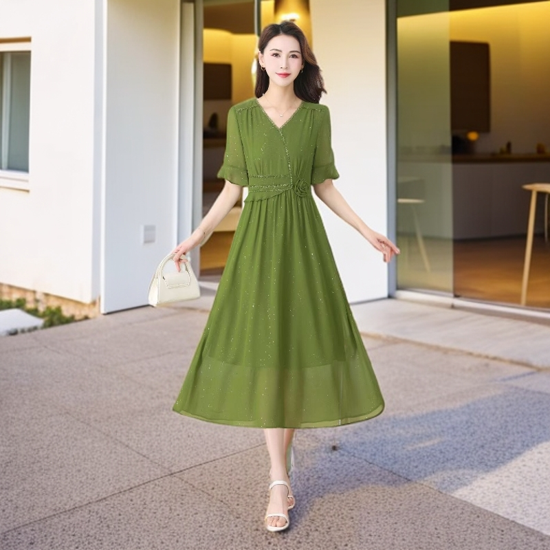 6316#绿【木兮兮专属】2025年夏新款气质细闪百搭显瘦中长款连衣裙