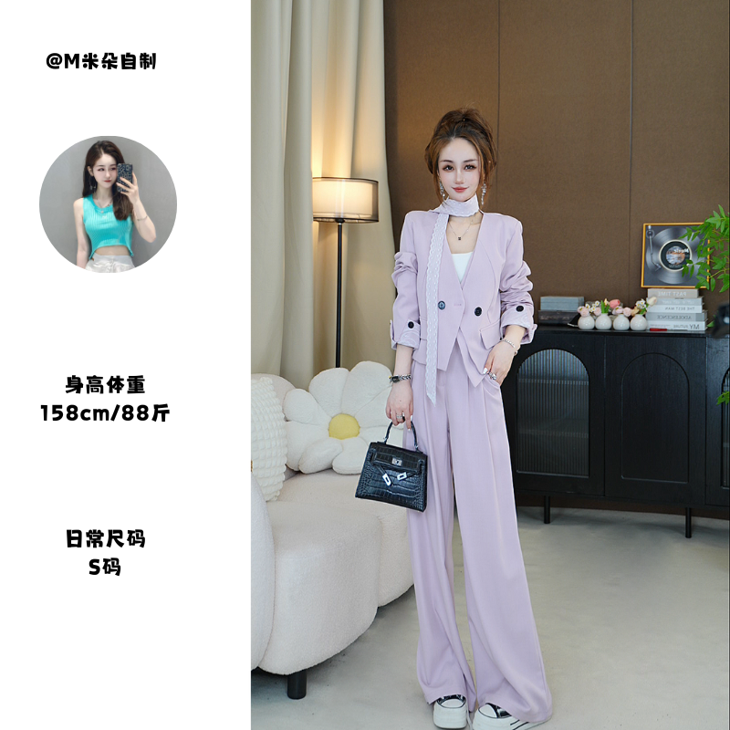 【朵朵】春款气质轻奢套装女显瘦西装外套阔腿裤腰带三件套10150