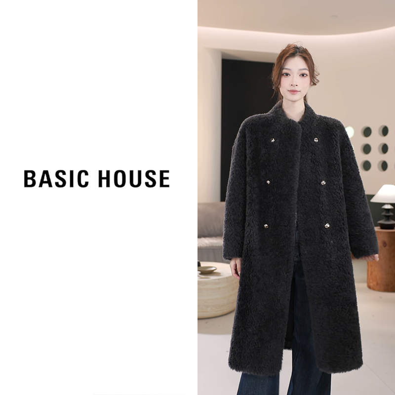 Basic House/百家好2025新款羊羔毛外套长款B1295B50H82(衣长105）