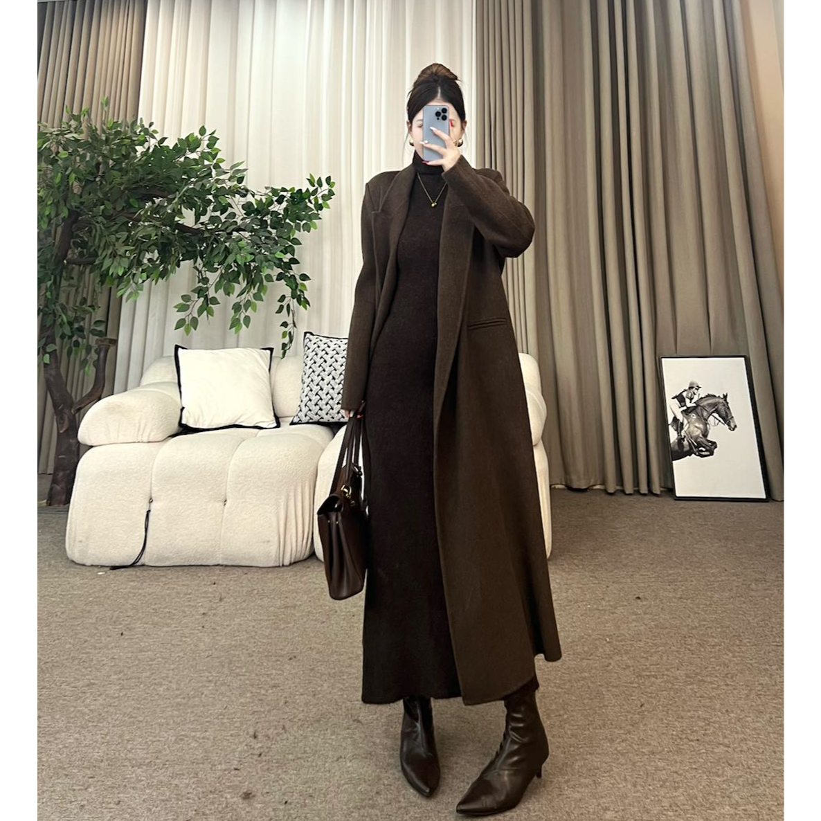 XIAOQIN【丹麦雪境】冬季慵懒气质翻领绑带毛呢大衣外套T398