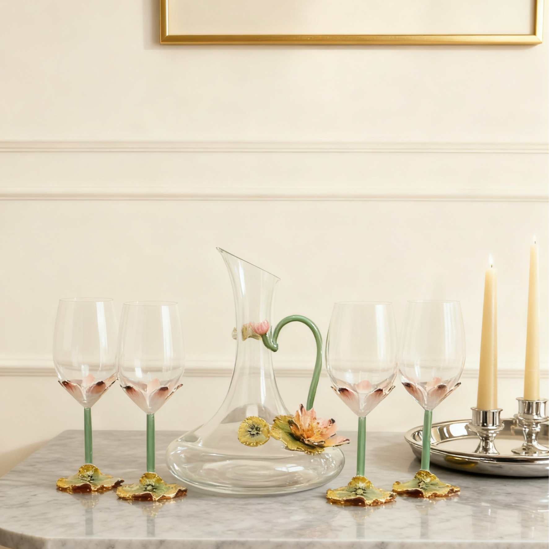 荷花杯具套装五件套轻奢高档家用珐琅彩创意欧式葡萄酒杯