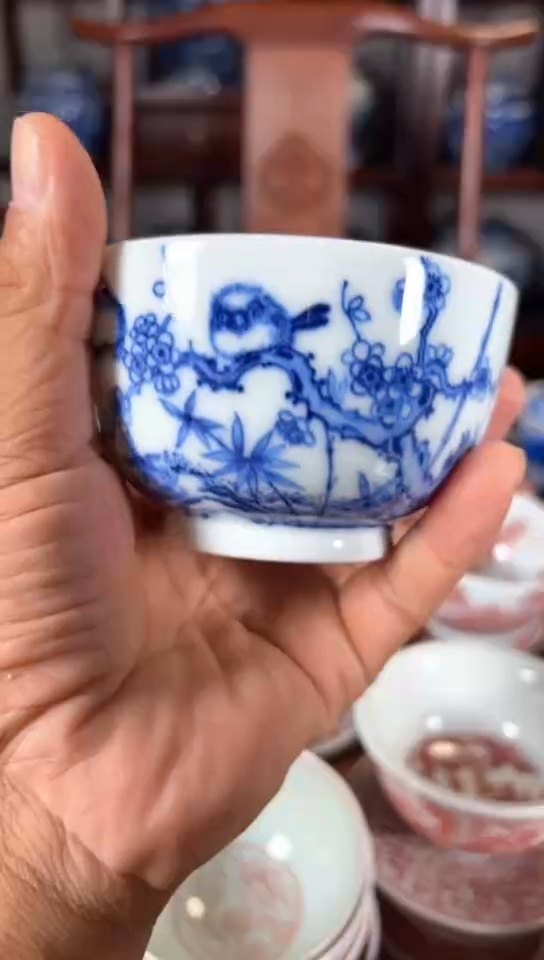 柴窑青花喜上眉梢字画一体杯杯