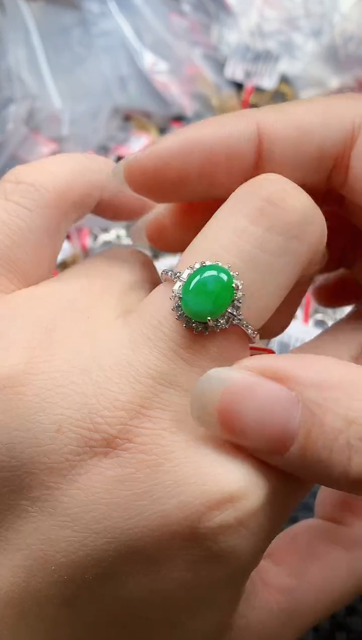 银S925镶嵌戒指翡翠天然A货缅甸翡翠