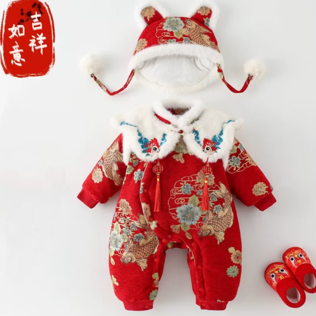 婴儿衣服新生宝宝加绒加厚保暖厚棉连体衣幼儿冬季满月外出棉衣