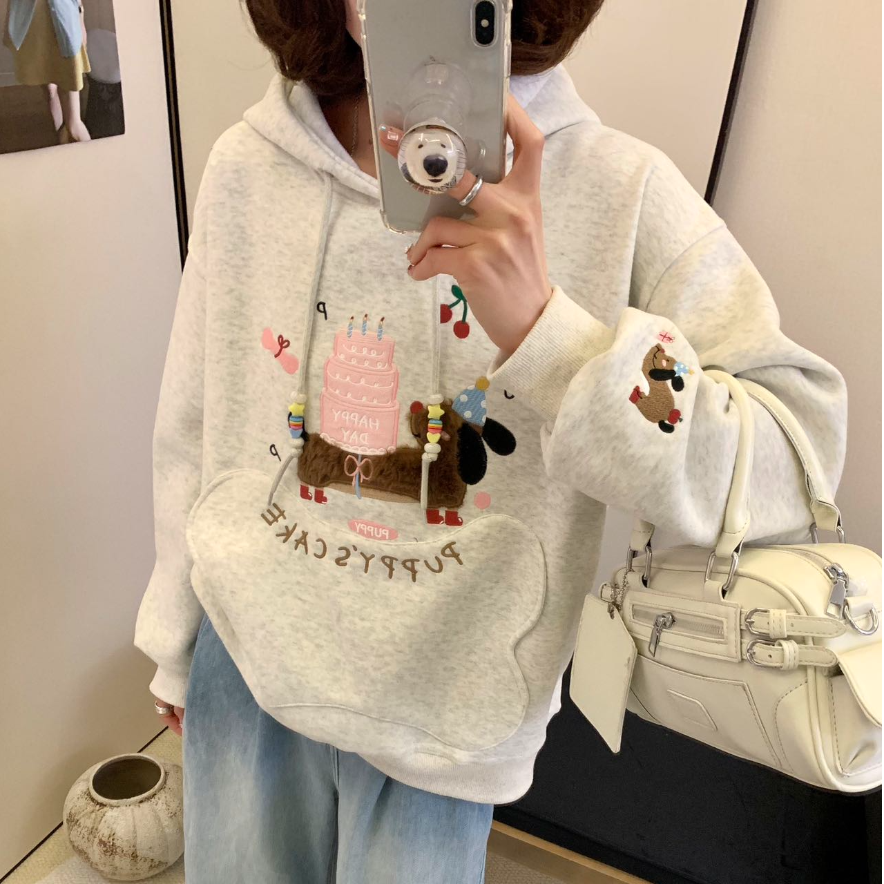 腊肠狗贴布绣连帽卫衣女2025秋季学院风新款宽松慵懒风小个子上衣