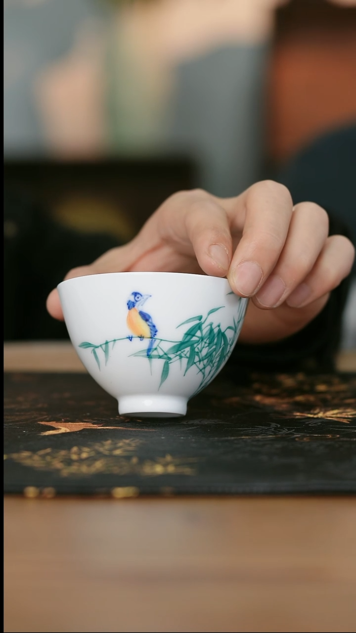 12-17手工手绘竹报平安鸡心杯