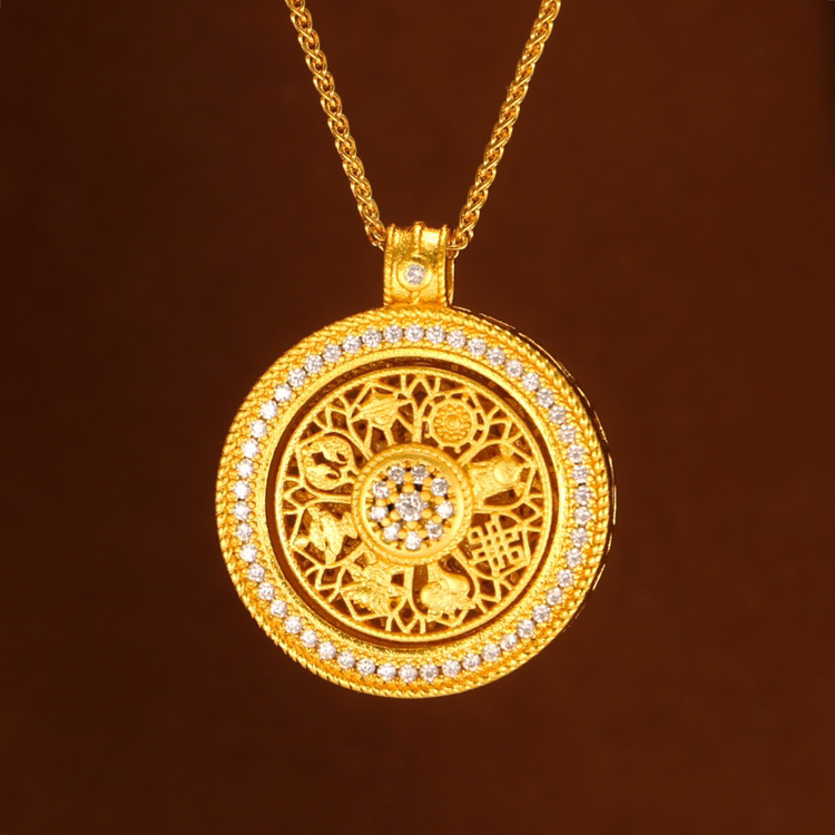 铜合金项链 金色镶莫桑钻可转动八宝罗盘吊坠项链