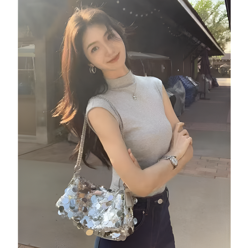 2025早秋新款设计显瘦半高领小飞袖上衣女半高领背心短袖时尚设计