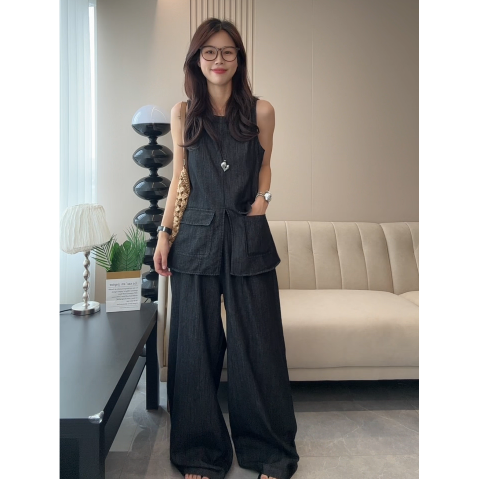 【XIACC】牛仔两件套宽松上衣复古休闲时尚套装吊带无袖夏季休闲风