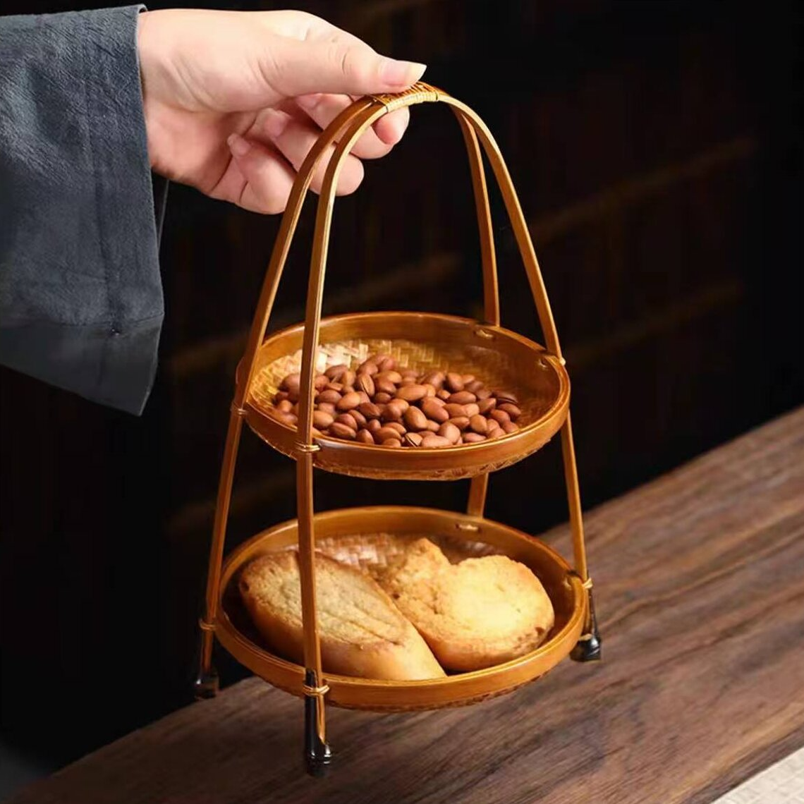 大漆手工双层手提果篮果盘手工竹制果篮茶点盘糕点干果碟收纳簸箕