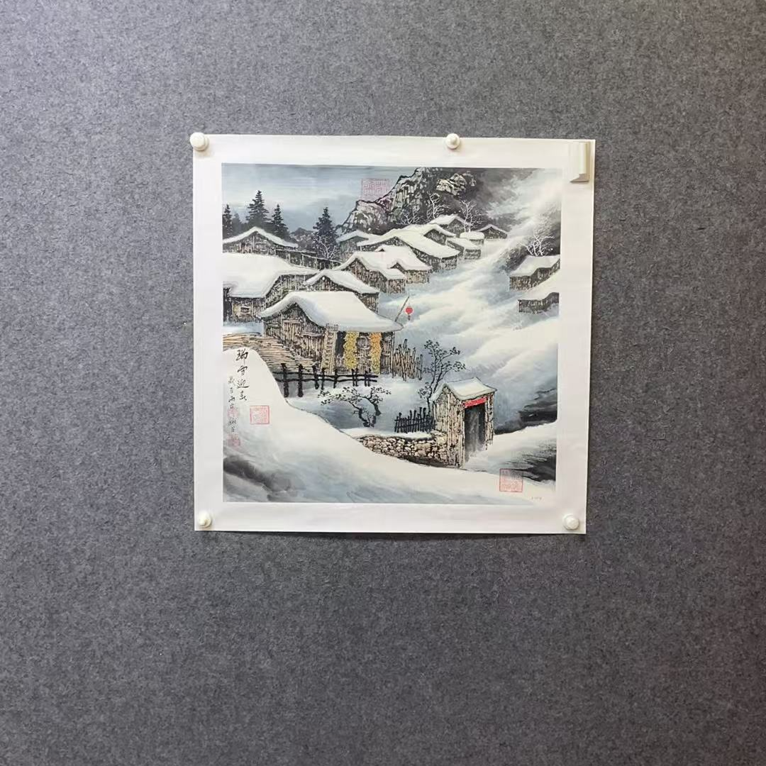 李新社四尺斗方瑞雪迎春山水画