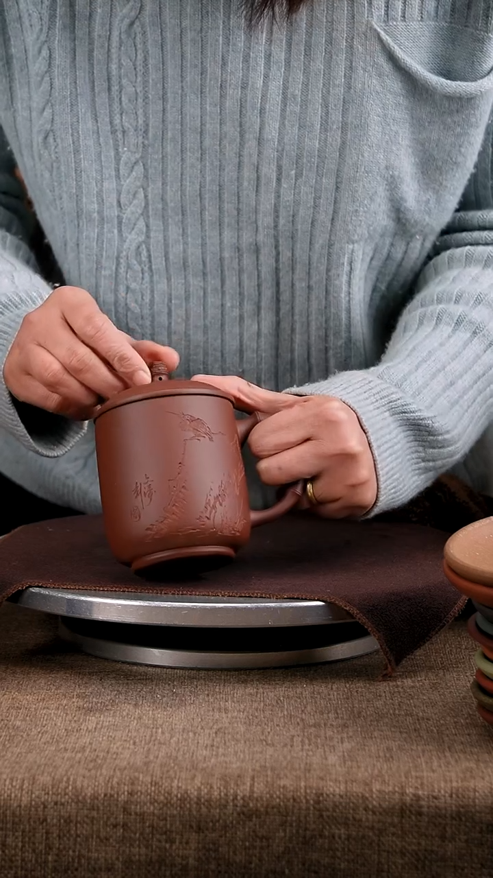 紫砂花盆文涛盖杯