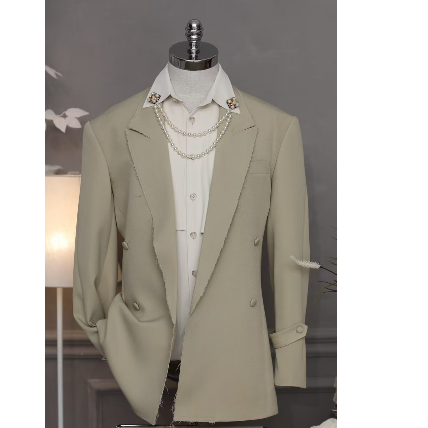 断码男士米白休闲双排扣西服小西装轻奢套装气质时尚礼服