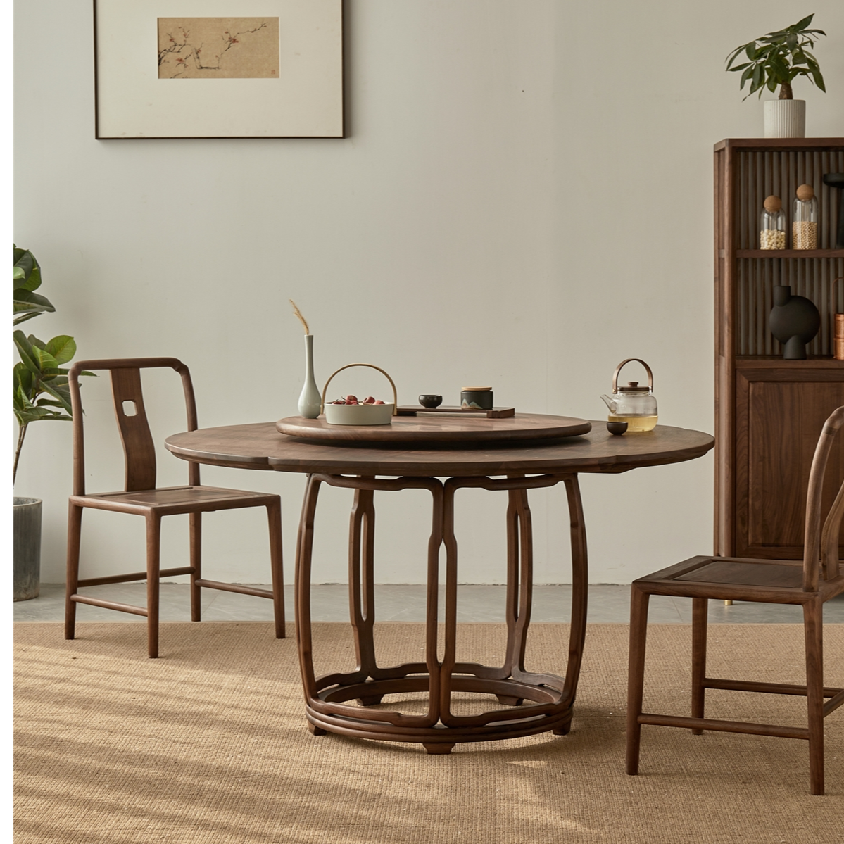 禅意新中式圆桌组合黑胡桃实木餐桌椅家用带转盘餐台高定家具简约