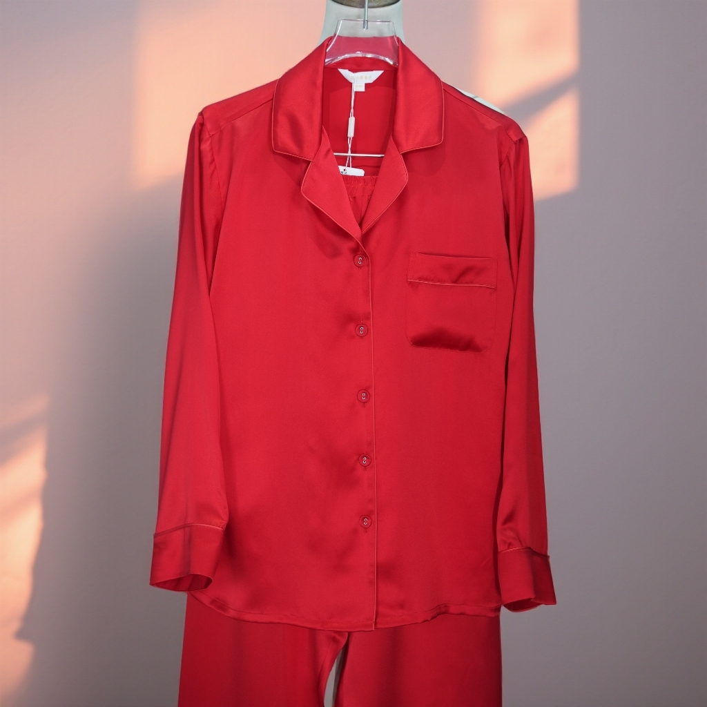 大红色喜庆结婚婚礼重磅100%桑蚕丝长袖长裤男士女士情侣真丝睡衣