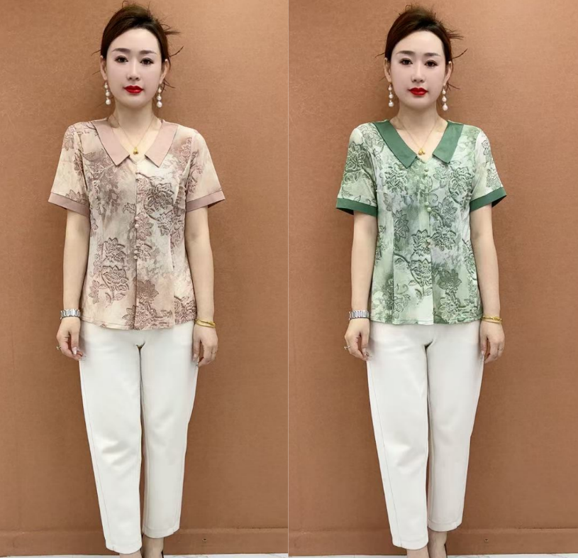 中年翻领印花中老年女装国风山水妈妈小衫性感风夏装