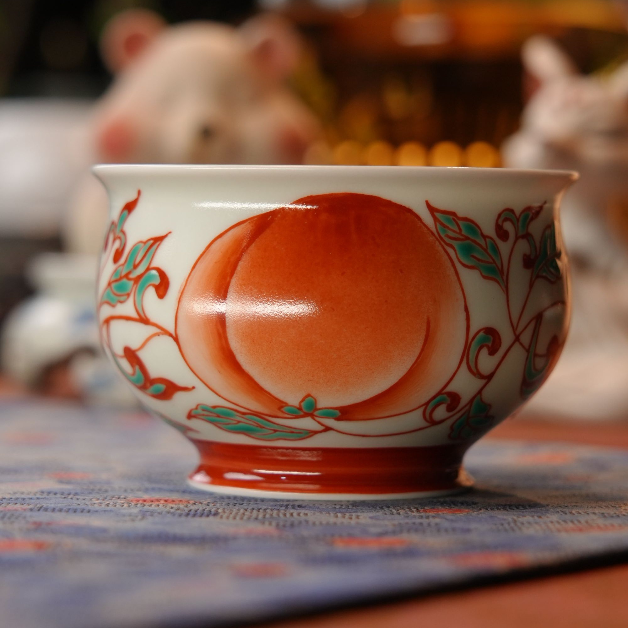 红绿彩三多主人杯「雨溪山房」景德镇手工手绘