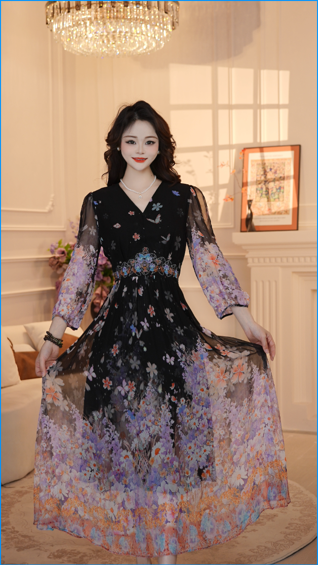 【璀璨烟花】25年定位花优雅气质收腰高端度假连衣裙