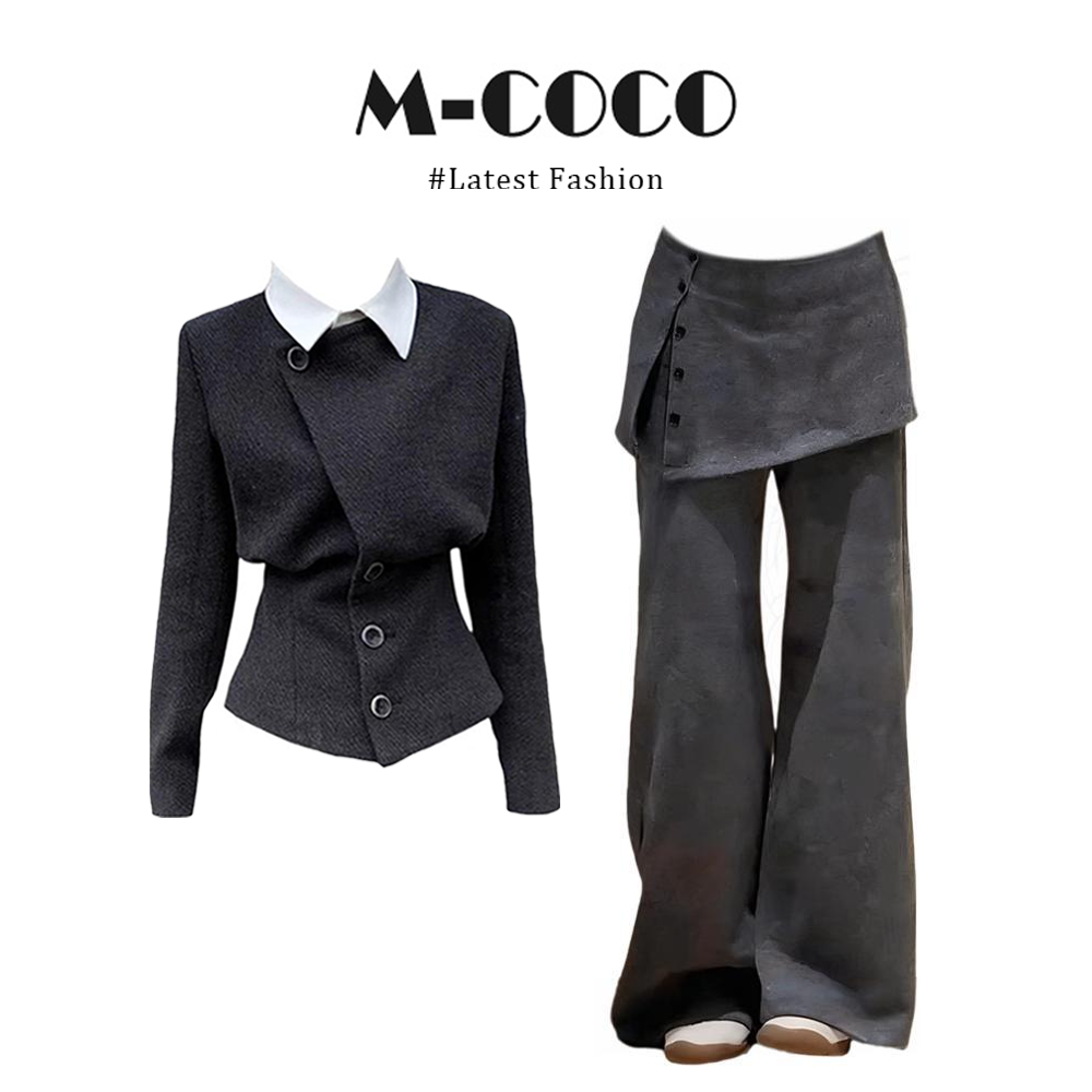 INS CEC秋季新款高级感假两件毛呢外套假两件套裤子休闲两件套