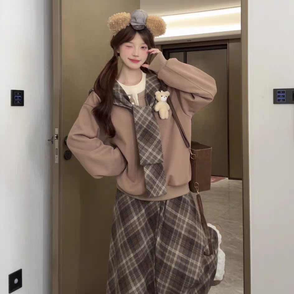 复古甜美套装女秋冬季新款小个子假两件格子上衣+阔腿长裤两件套