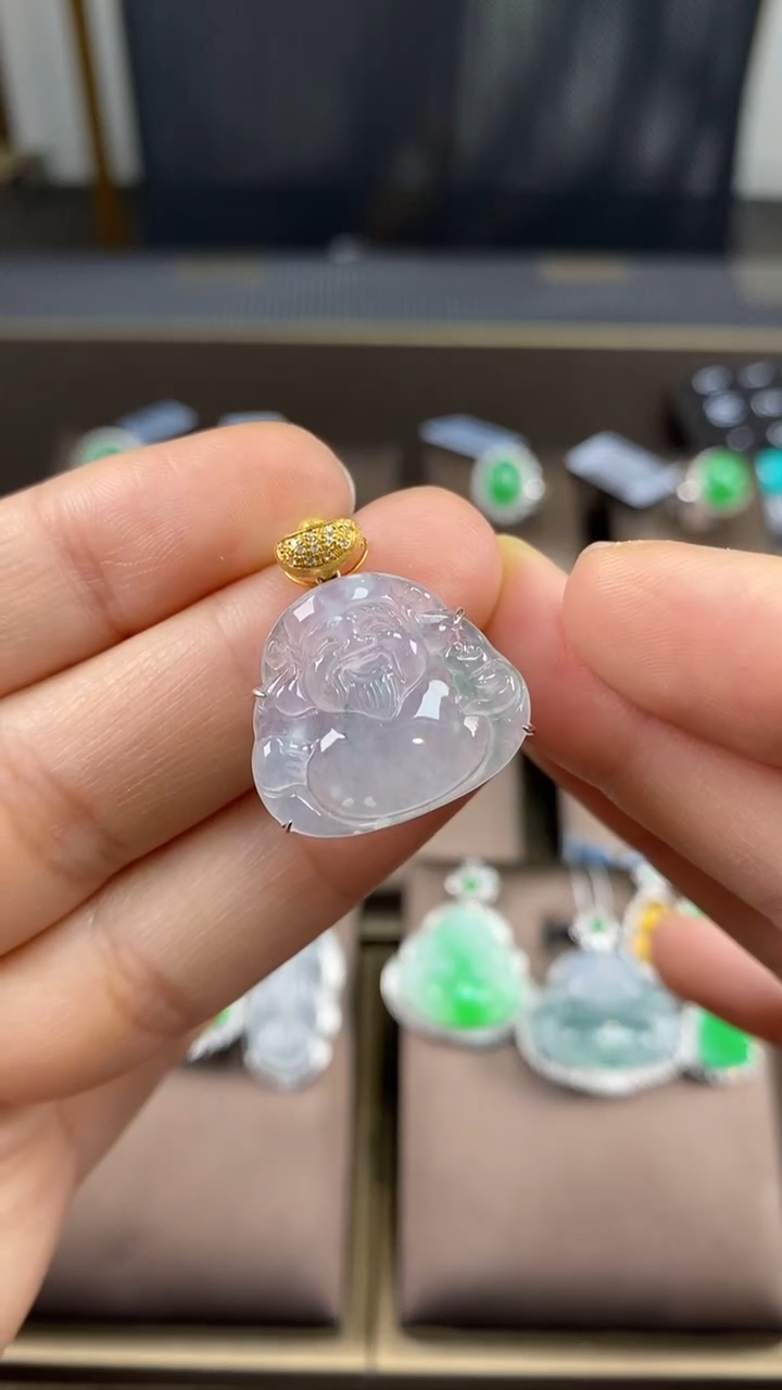 【闪购商品】翡翠吊坠(不含链)18K金镶嵌翡翠包镶财神爷