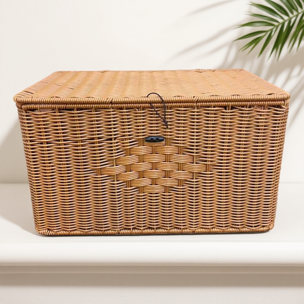 A257【孤品捡漏】棕色双把手带盖收纳筐手工编织43*27*25