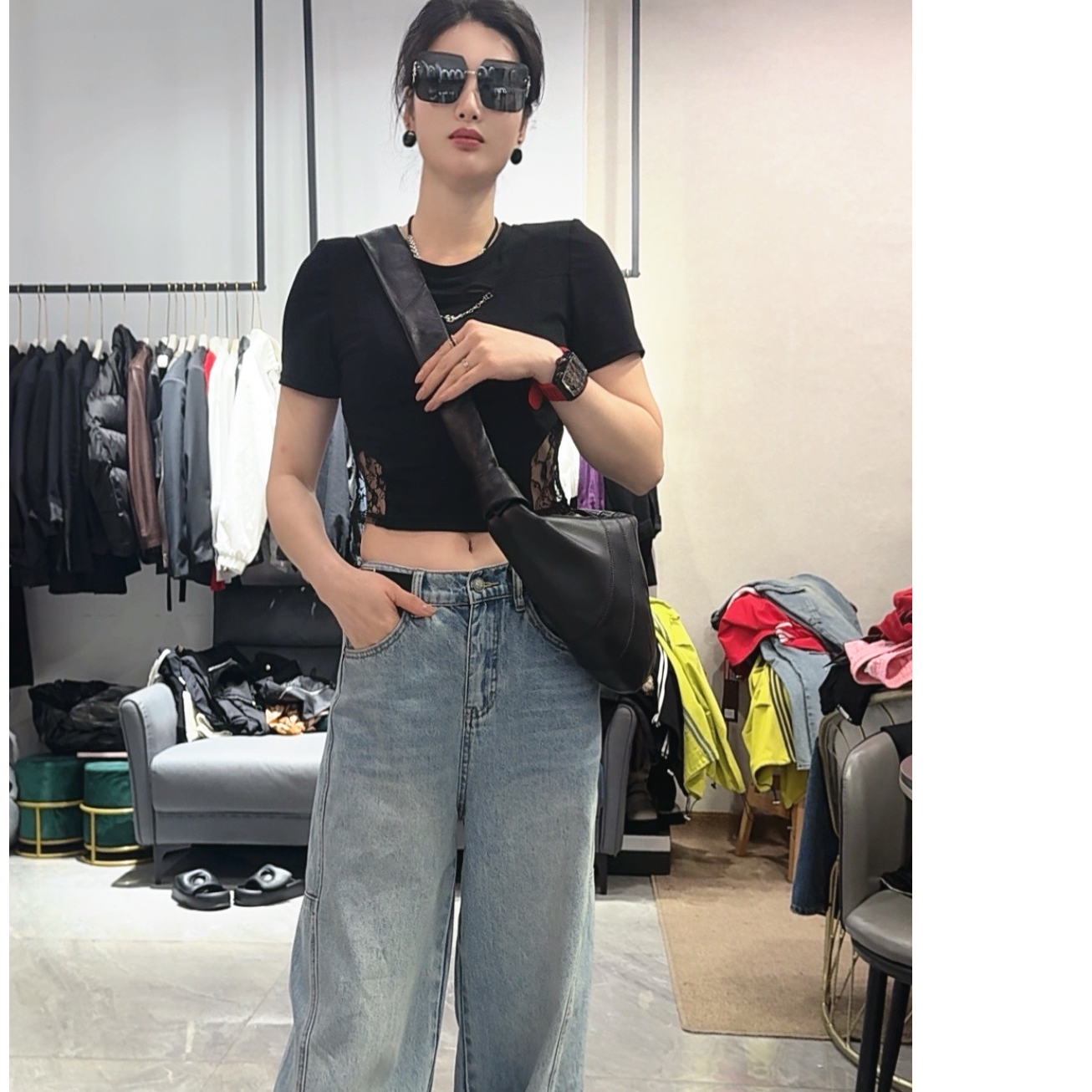 钥钥家潮牌短袖+潮牌牛仔裤腰有带子，时尚，潮流，百搭