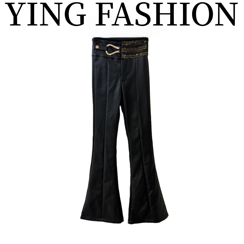 【YING FASHION】莹老板-时尚气质百搭银扣喇叭皮裤 8021179 582