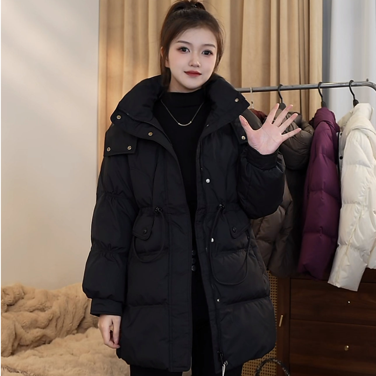【现货SIXI】冬季新款羽绒服百搭连帽保暖韩版中长款加厚女外套
