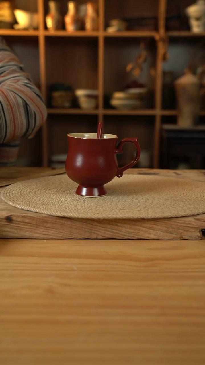 复古红系列的花口高脚咖啡杯+搅拌棒 