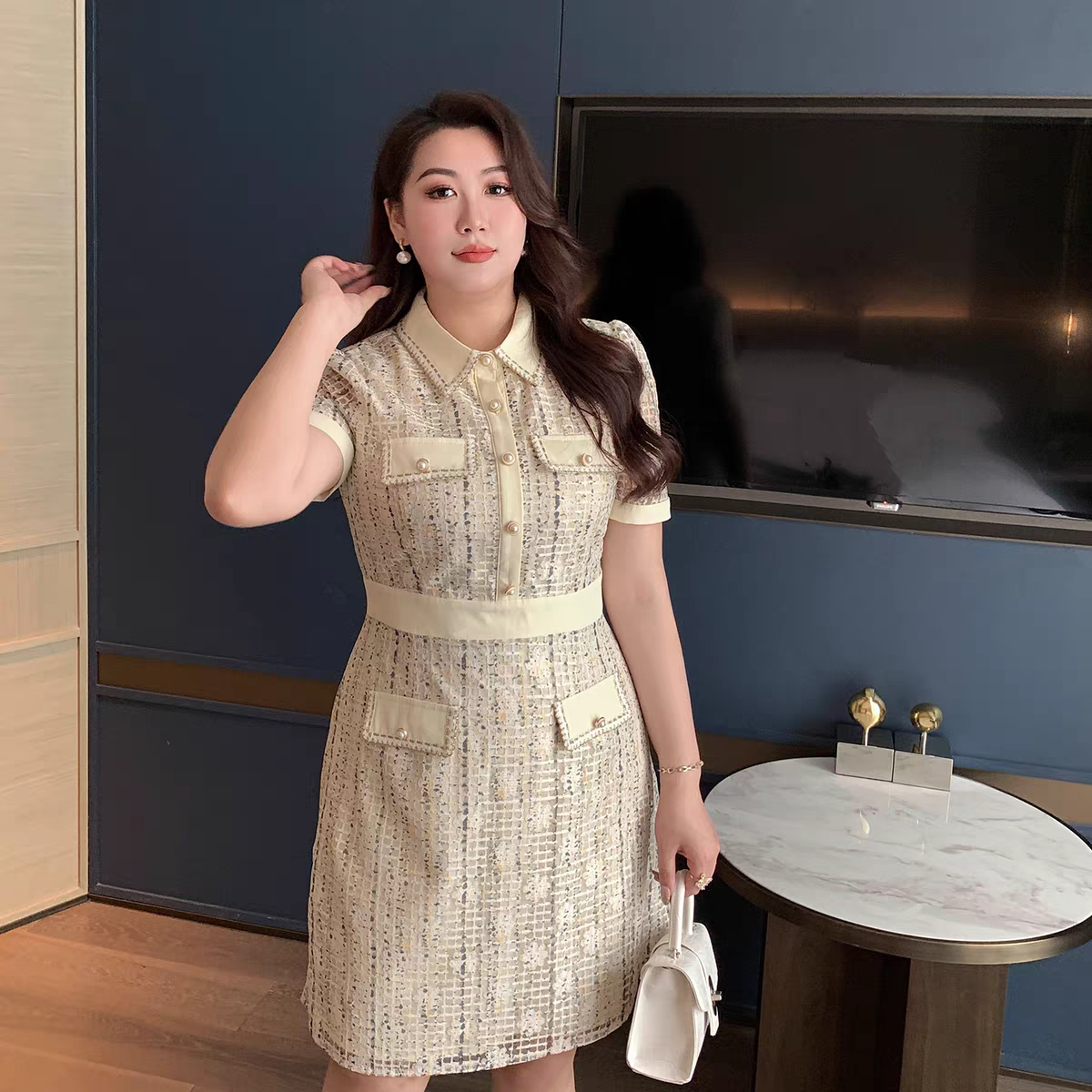 GLEC高端胖mm大码女装小香风设计感纯色名媛优雅气质蕾丝连衣裙