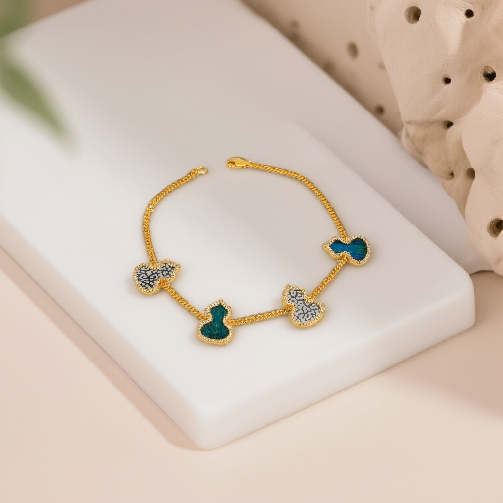 乌铜走银 银镀金点翠豹纹葫芦手链 非遗手工艺