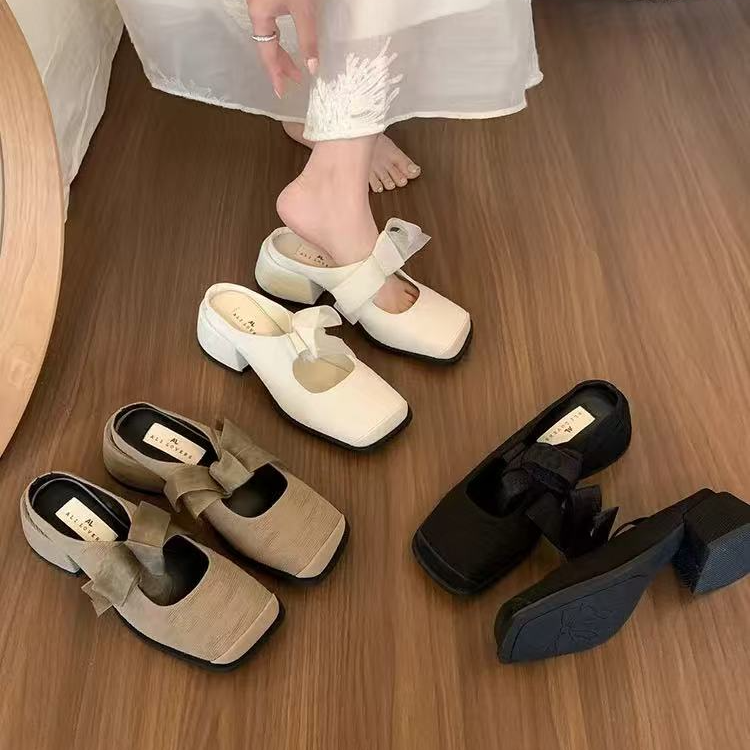 法式高跟包头半拖鞋女夏外穿2025新款配裙子粗跟一脚蹬玛丽珍凉拖