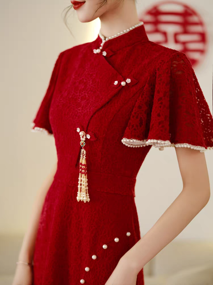 旗袍敬酒服新娘订婚礼服裙女秋冬季长袖小个子结婚红色回门新中式