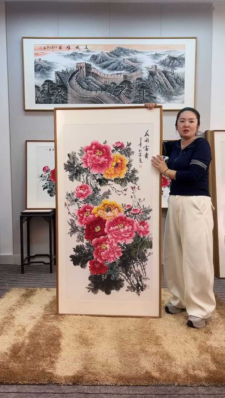国画手绘牡丹162*82尺寸