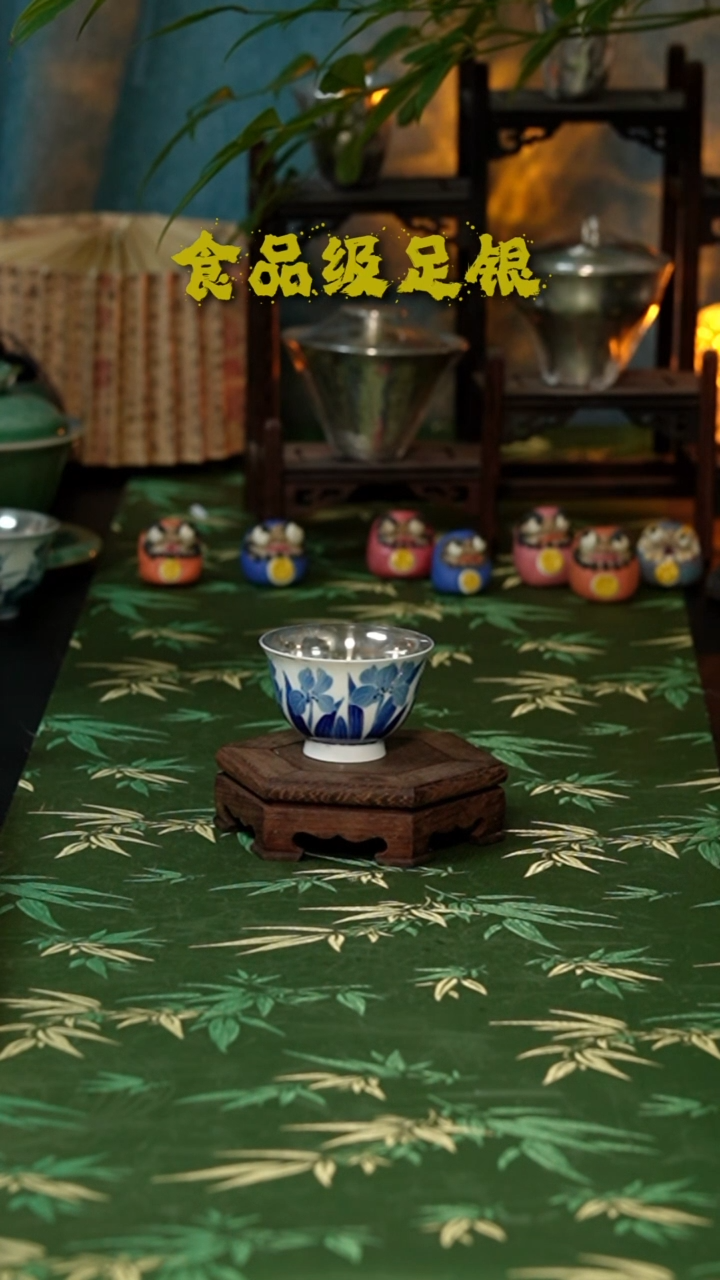青花分水手绘银瓷单杯999足银