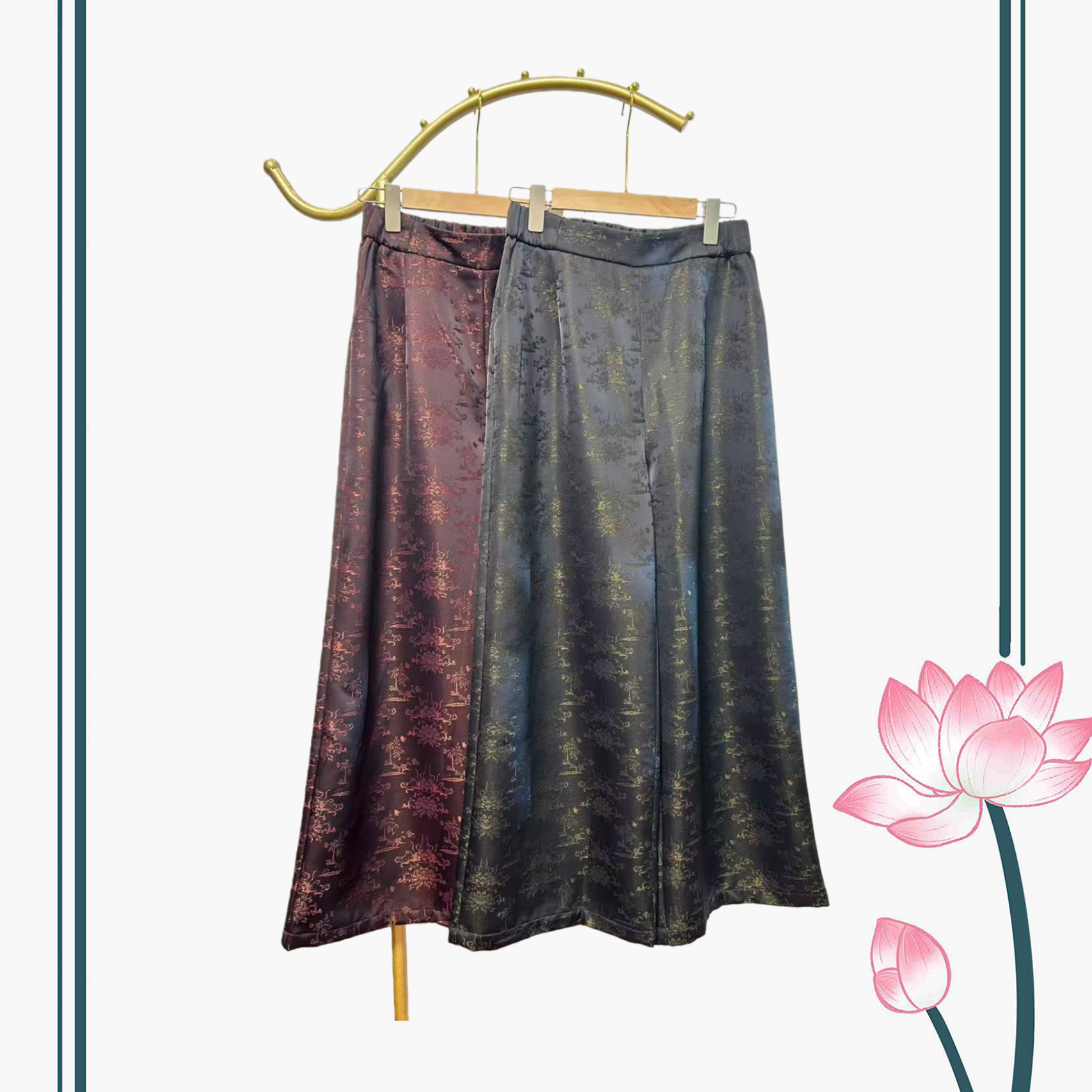 【锦绣华年】850新中式香云纱织金提花高腰松紧阔腿裤