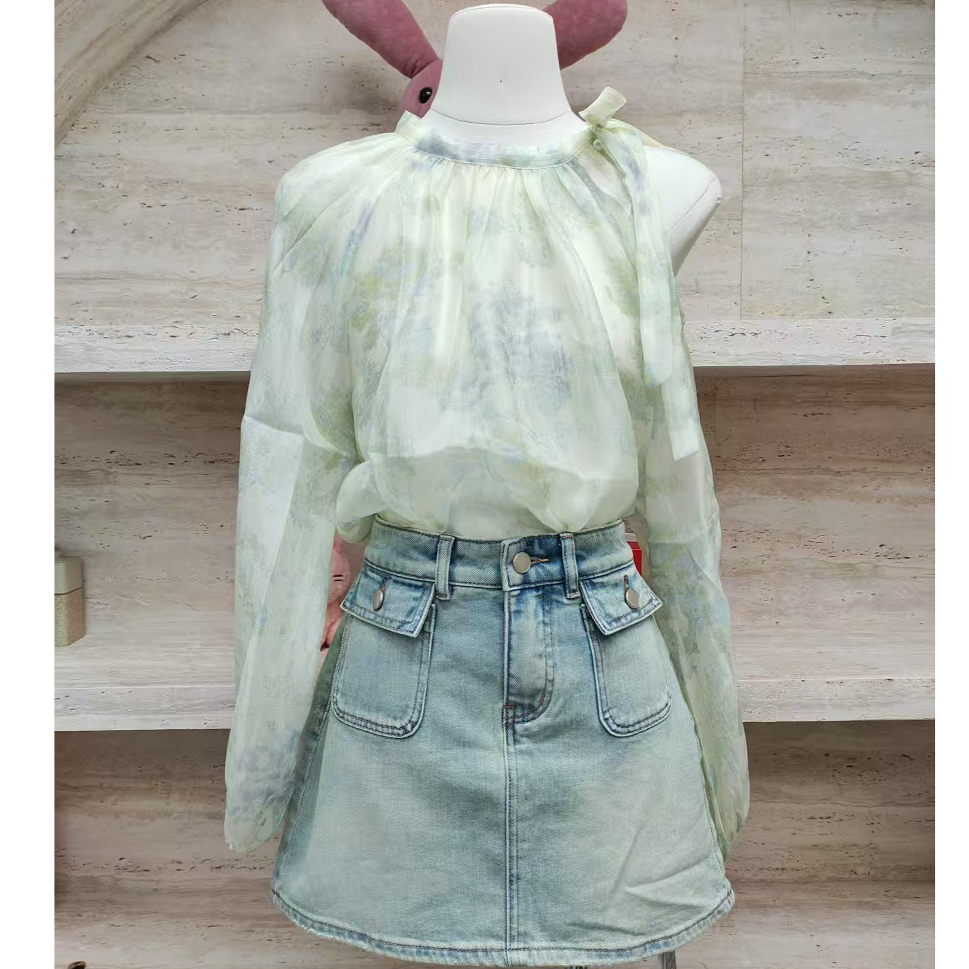 套头高腰设计师蕾丝衫甜美长袖圆领夏季雪纺衫碎花绿色春季